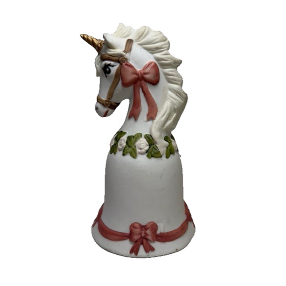 Enesco Porcelain Unicorn Bell White/Pink, Flowers/Bows hand painted 1980s VTG - Picture 1 of 12